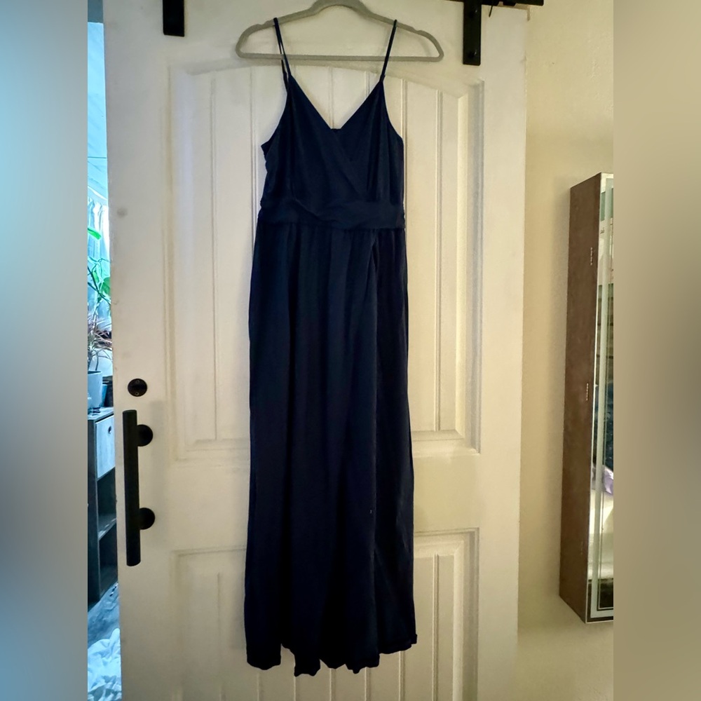 Navy Blue Spaghetti Strap Dress with High Slit